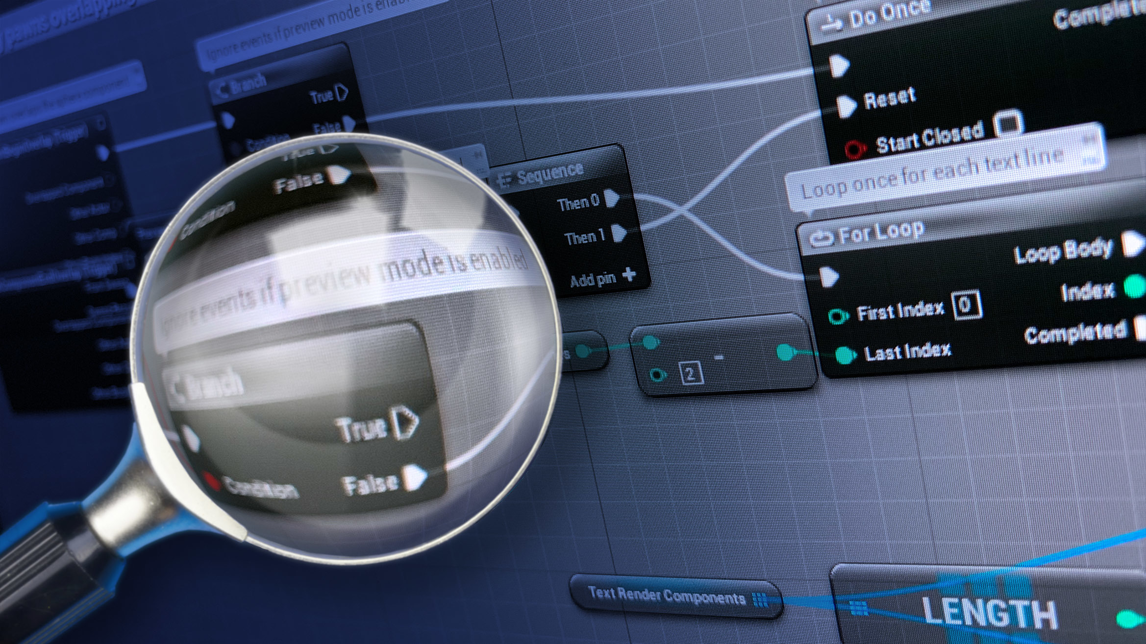 Image of an Unreal Engine Blueprint overlain with a magnifying glass