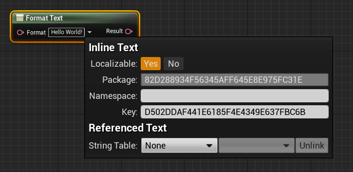 Image of a Unreal Format Text blueprint node showing the automatically generated namespace and key parameters.
