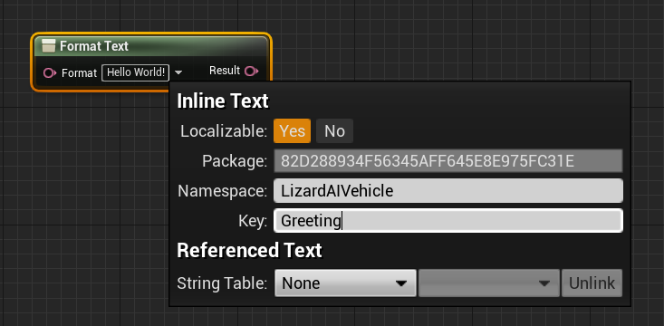 Image of a Unreal Format Text blueprint node showing manually entered namespace and key parameters.