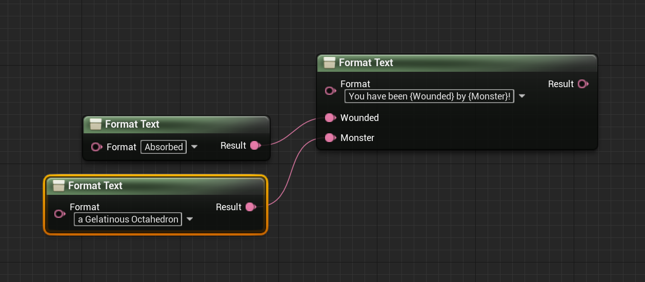 Image of a Unreal Format Text blueprint node showing the use of wildcard format arguments..