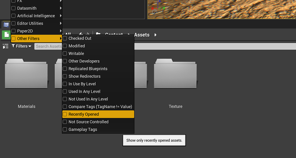 Image of the Recently Opened filter option in the UE4 content browser.